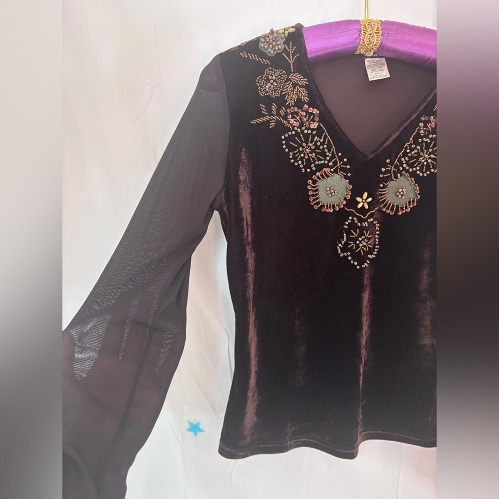 Whimsigoth Brown Velvet Mesh Sleeve Forest Fairy Beaded Long Sleeve Top Size L - Picture 9 of 12